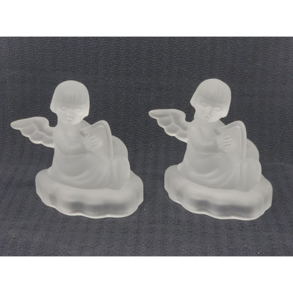 2 Vintage 1995 MJ Hummel Frosted Glass Crystal Angel Candle Holder Avon